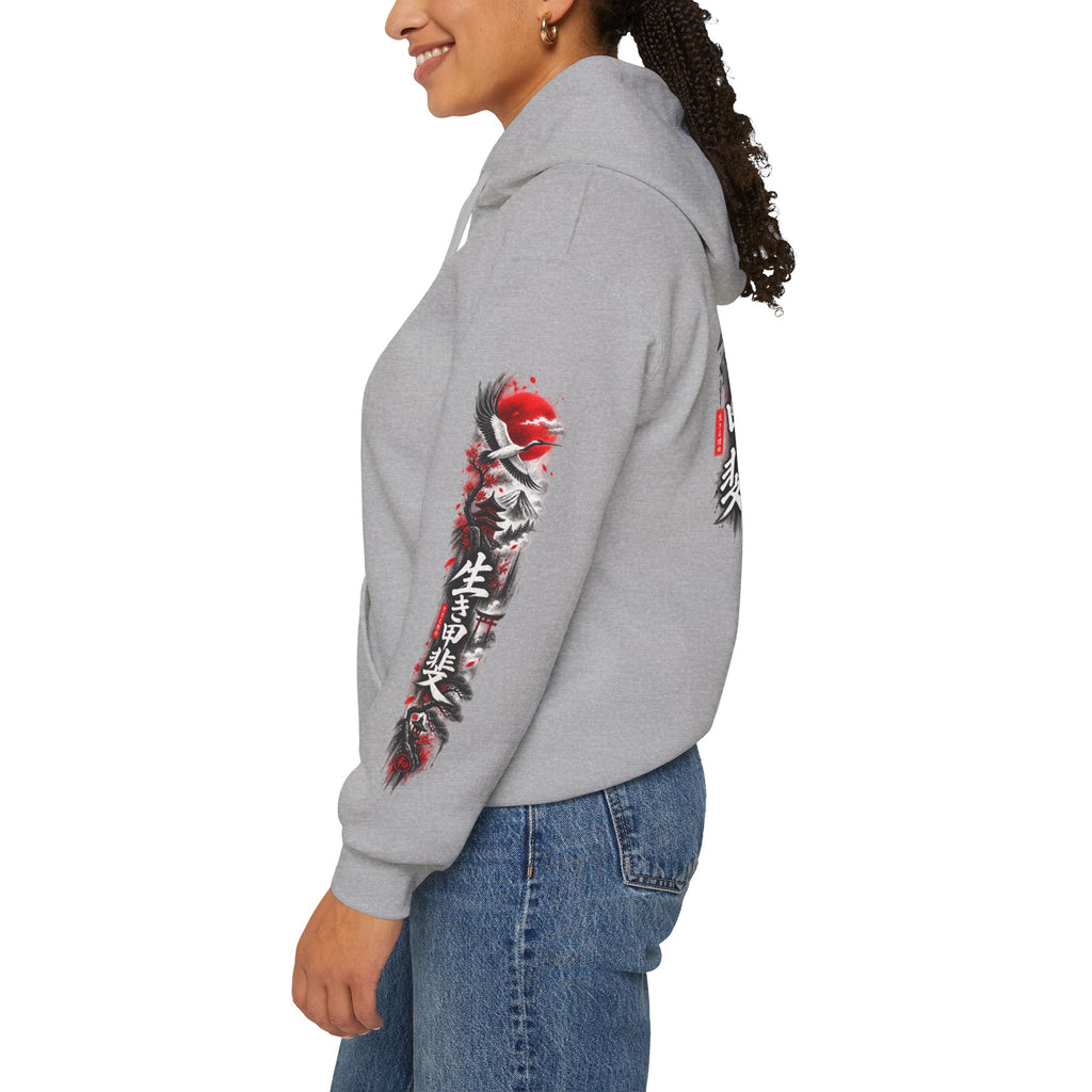 Japanese Oni Mask Hoodie – Red & Black Temple Graphic with Kanji Sleeve Art