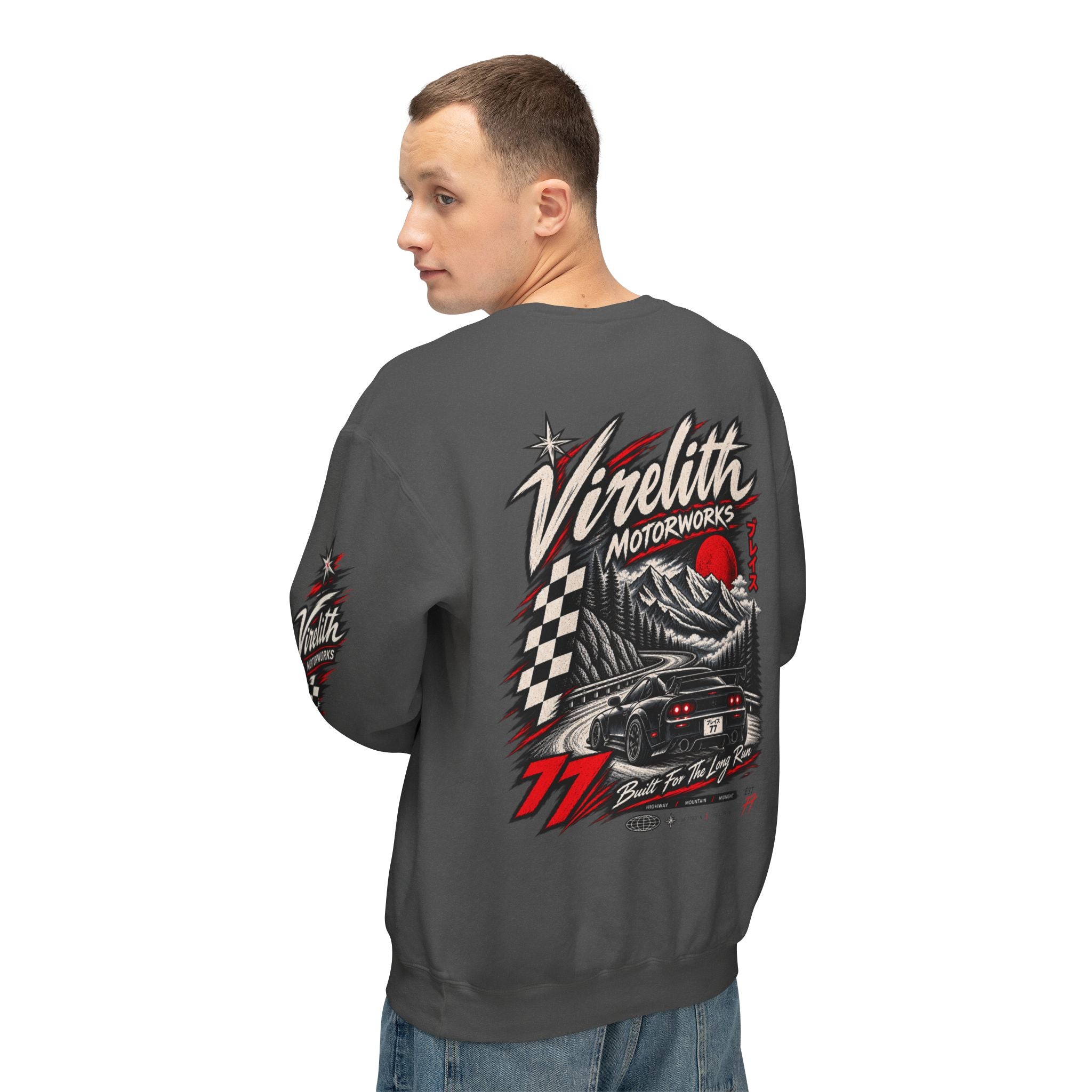 Motorworks Racing Crewneck Sweatshirt | Vintage Sleeve Graphic