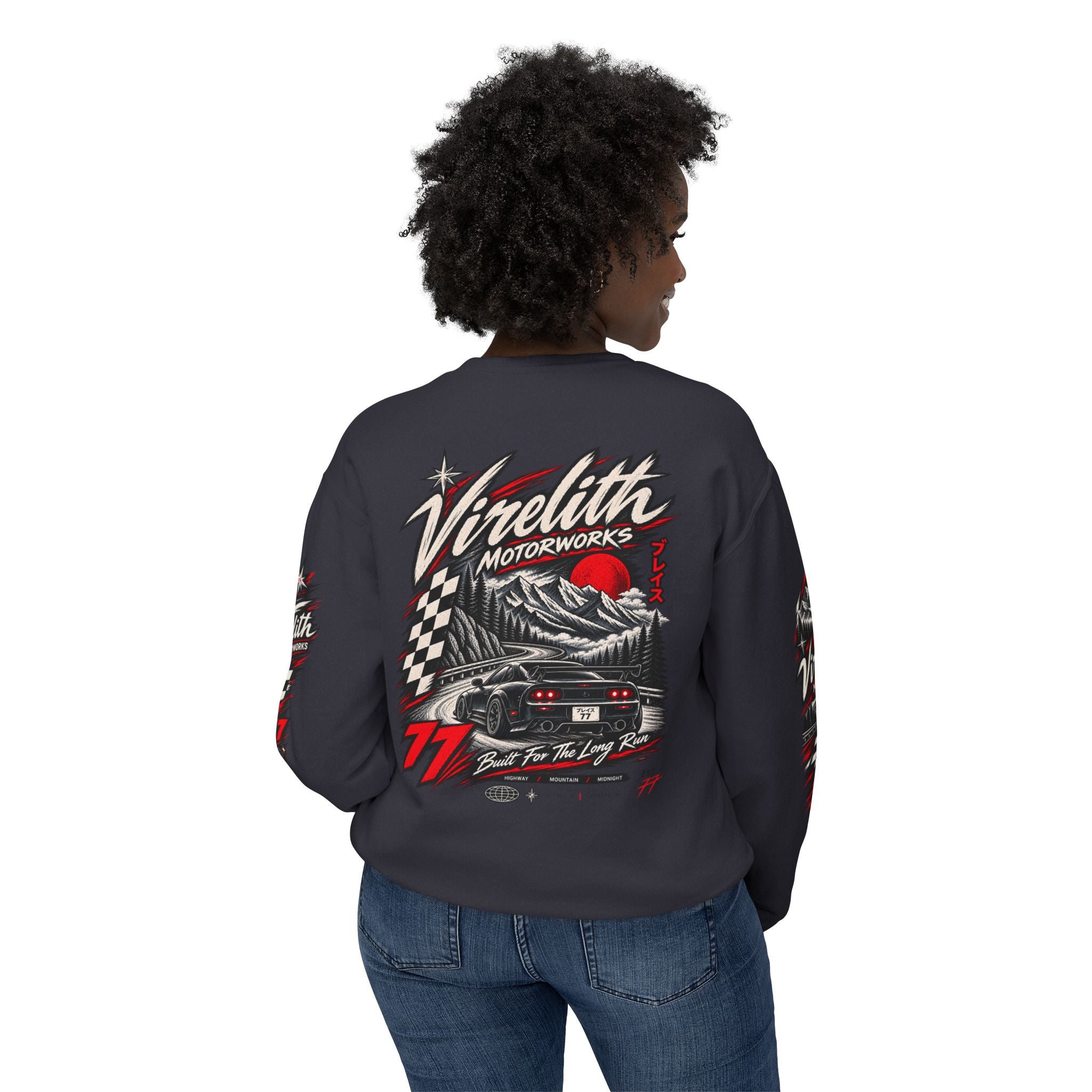 Motorworks Racing Crewneck Sweatshirt | Vintage Sleeve Graphic