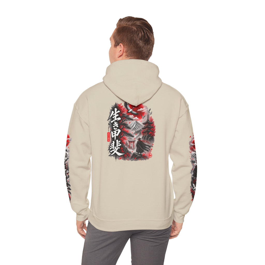 Japanese Oni Mask Hoodie – Red & Black Temple Graphic with Kanji Sleeve Art