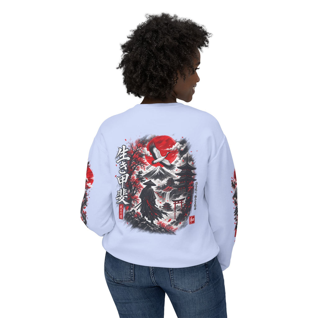Japanese Samurai Landscape Sweatshirt — Red Sun, Crane & Kanji Crewneck