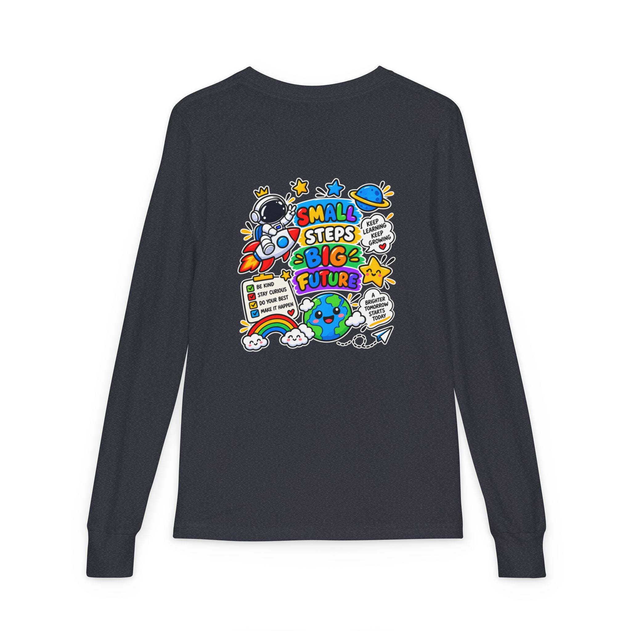 Youth Long Sleeve Tee — 'Dream Explore Discover' Colorful Space Kids Shirt