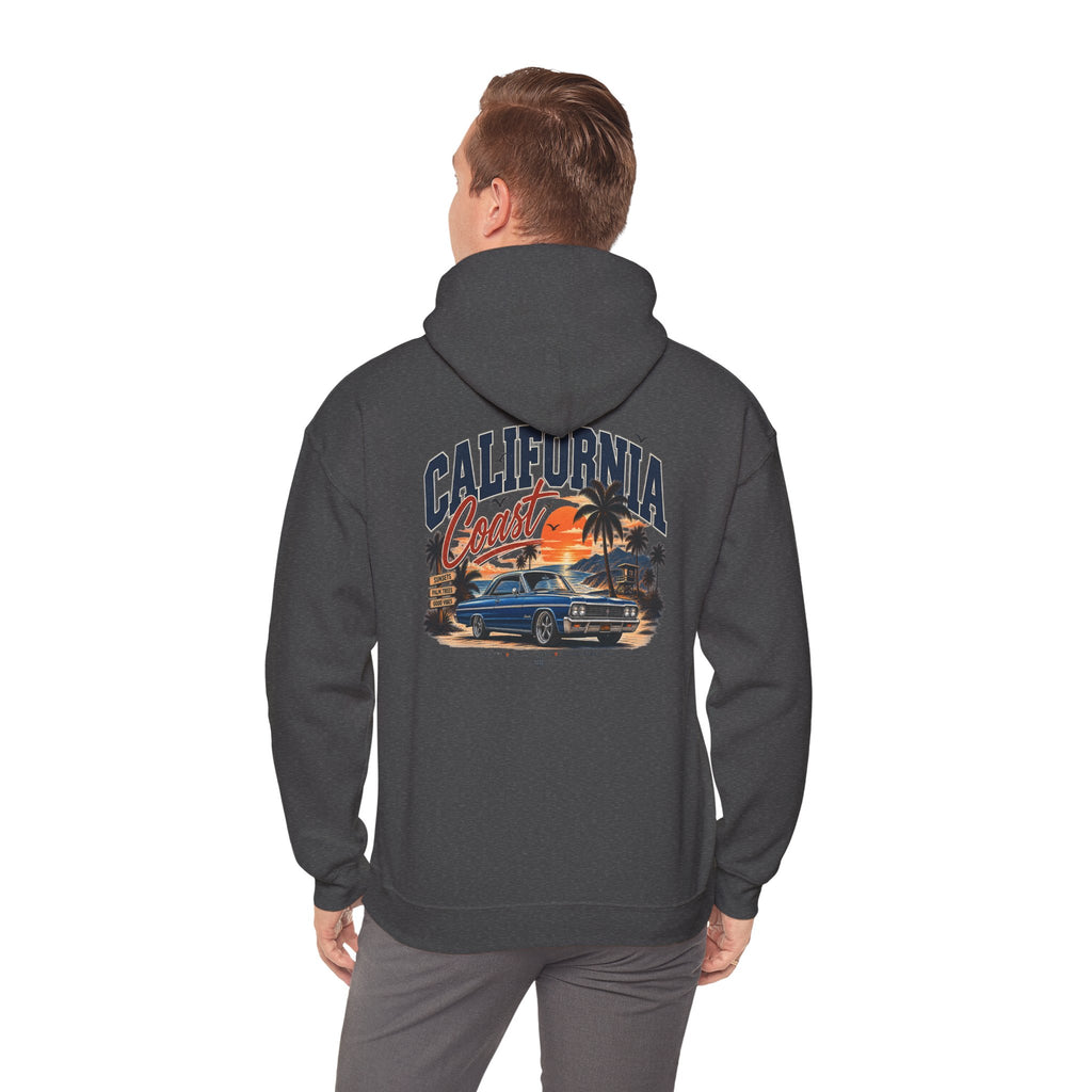California Coast Hoodie — Vintage Car Sunset Palm Beach Graphic
