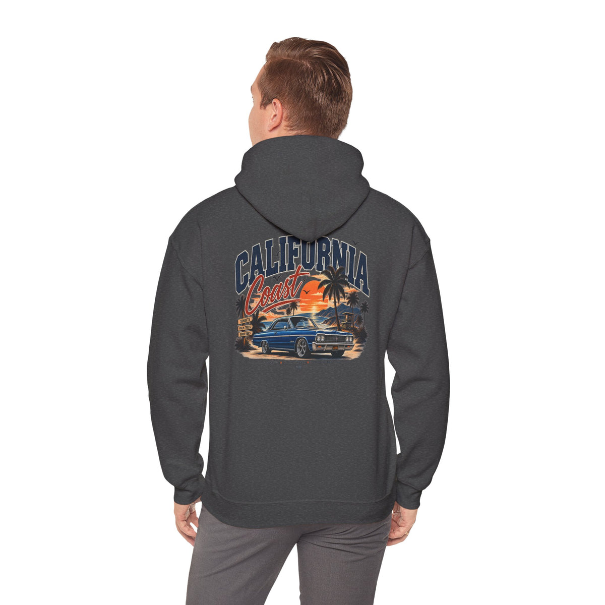 California Coast Hoodie — Vintage Car Sunset Palm Beach Graphic