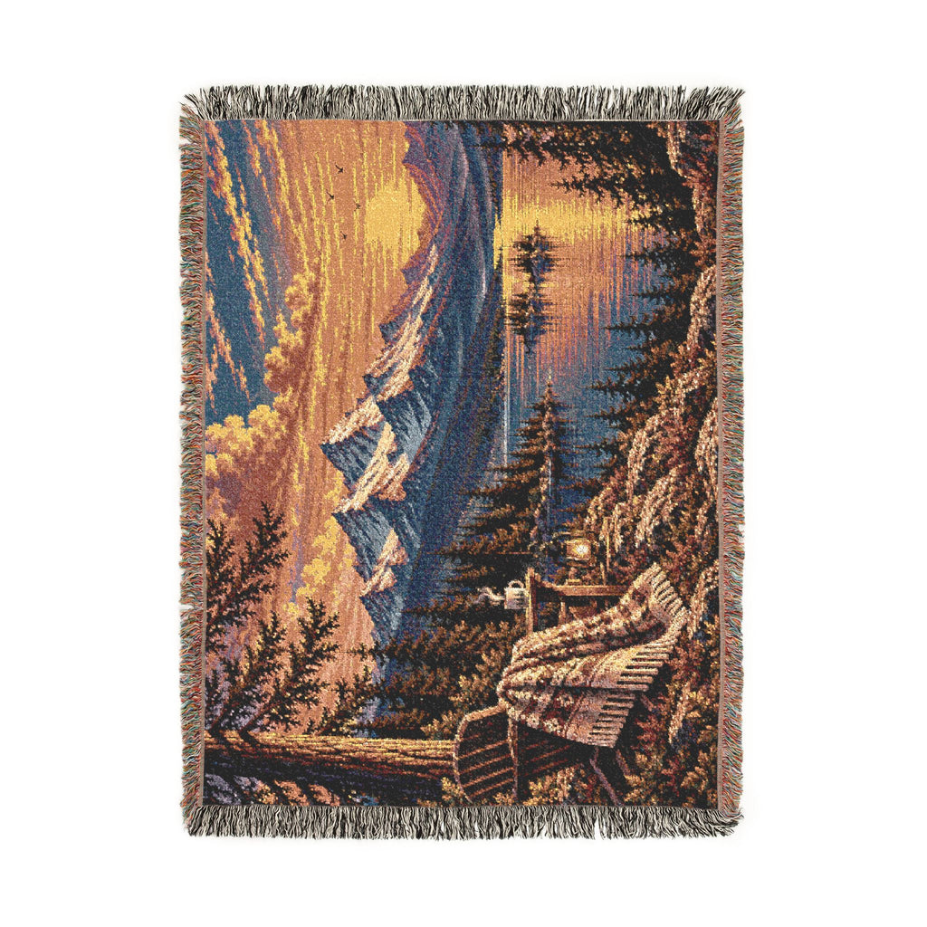 Mountain Lake Woven Blanket — Sunset Scenic Throw for Cabin, Camping & Cozy Home Decor