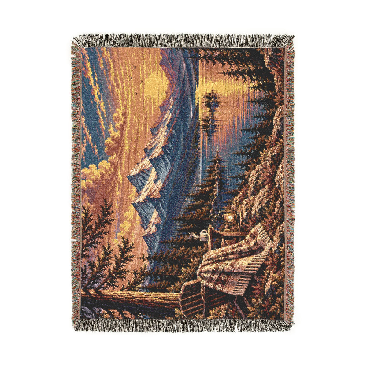 Mountain Lake Woven Blanket — Sunset Scenic Throw for Cabin, Camping & Cozy Home Decor