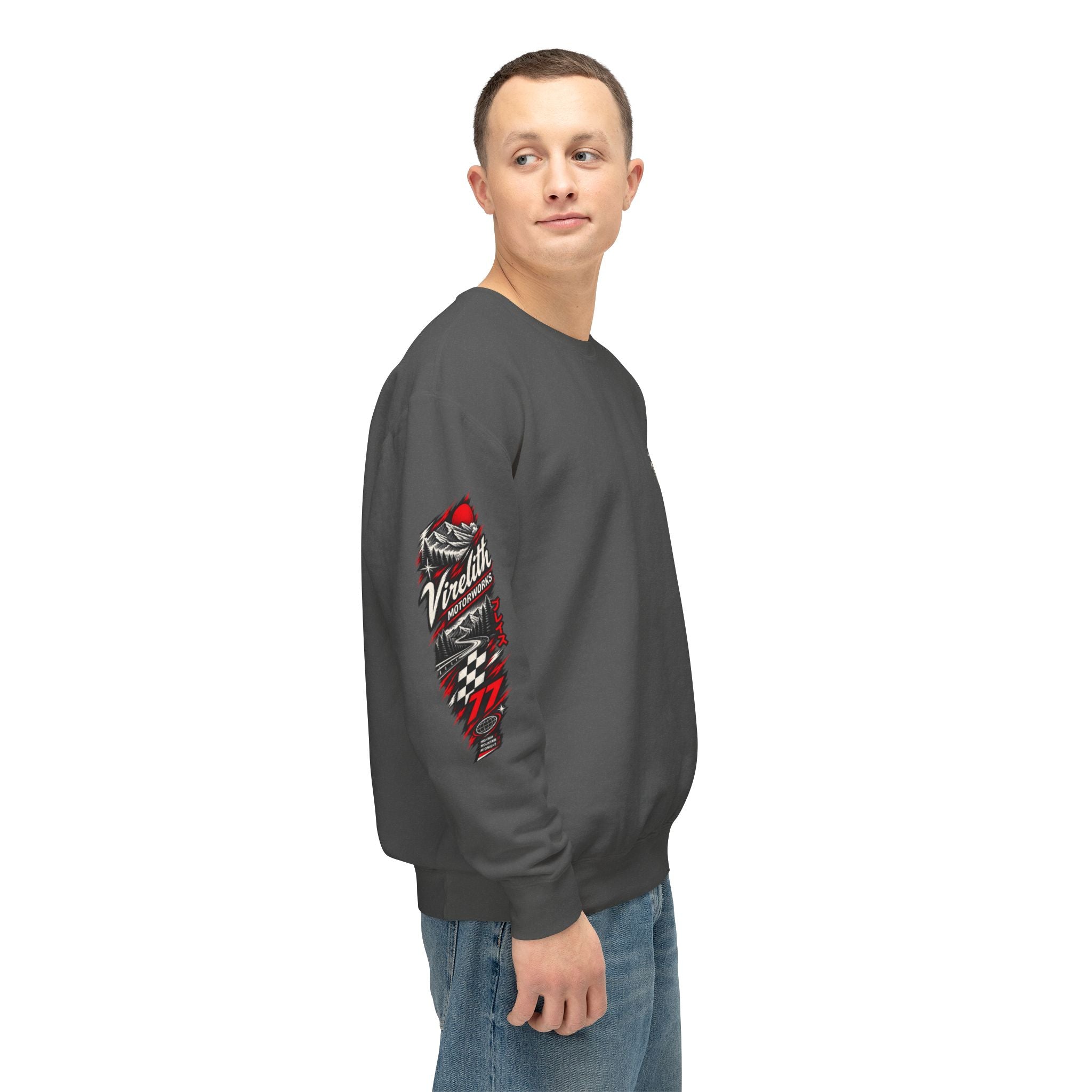Motorworks Racing Crewneck Sweatshirt | Vintage Sleeve Graphic