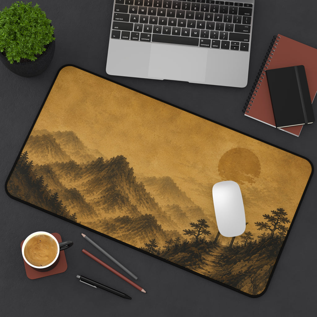 Japanese Torii Mountain Desk Mat — Vintage Sepia Landscape Gaming Mousepad