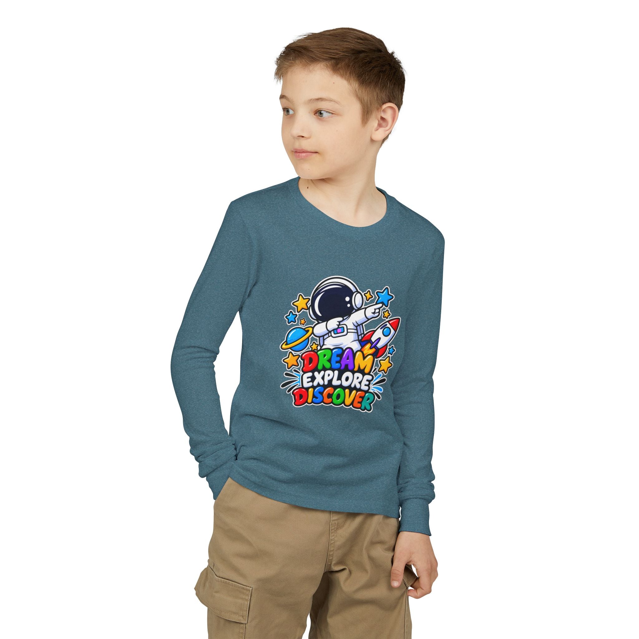 Youth Long Sleeve Tee — 'Dream Explore Discover' Colorful Space Kids Shirt