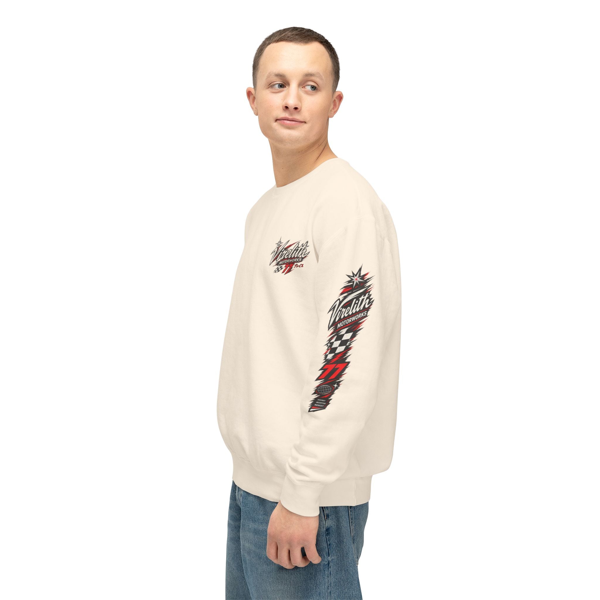 Motorworks Racing Crewneck Sweatshirt | Vintage Sleeve Graphic