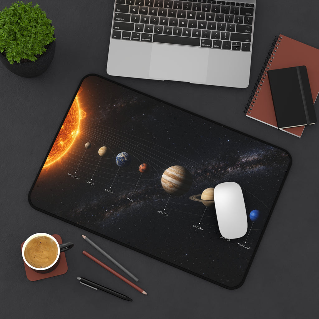 Solar System Desk Mat — Planetary Space Desk Pad with Planet Labels