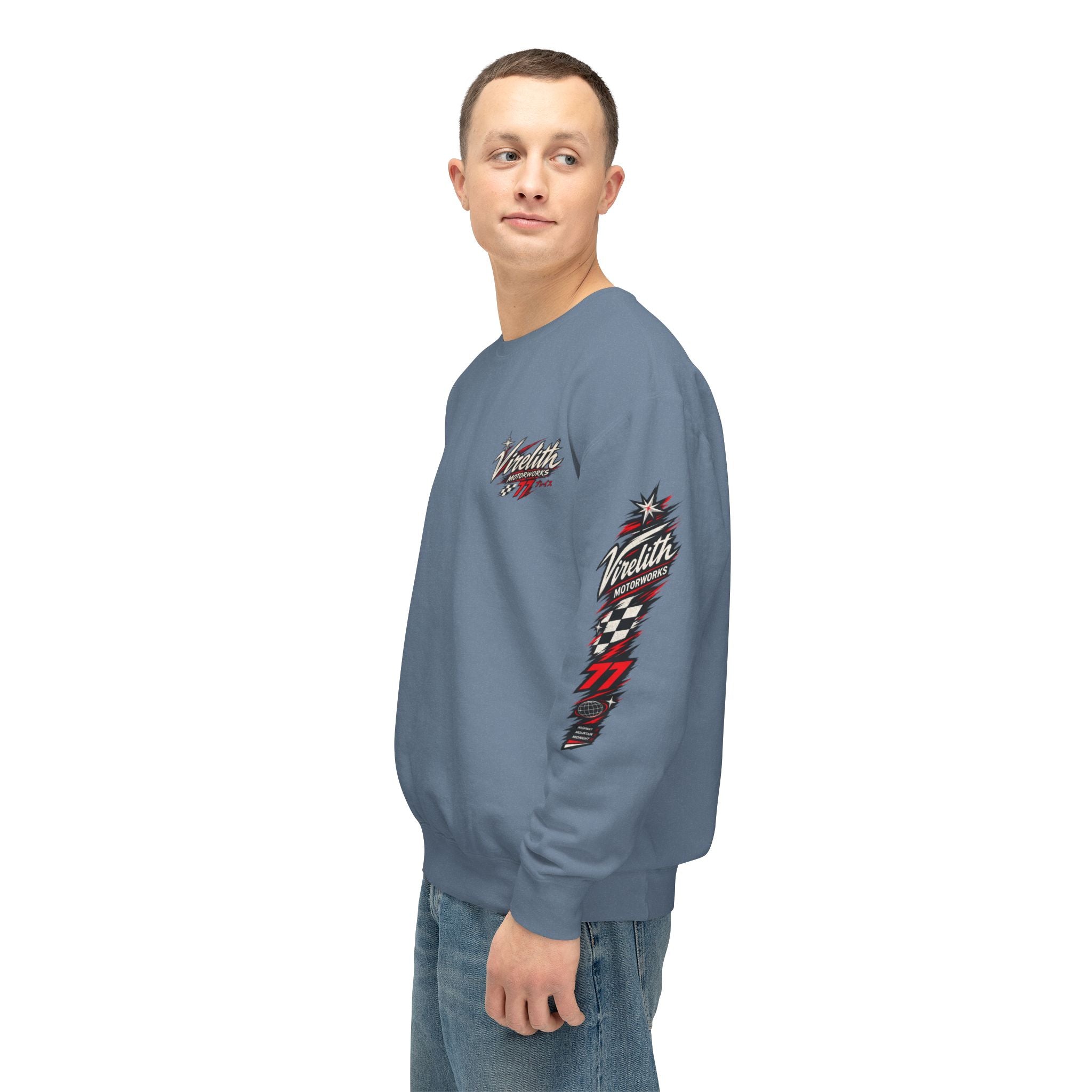 Motorworks Racing Crewneck Sweatshirt | Vintage Sleeve Graphic