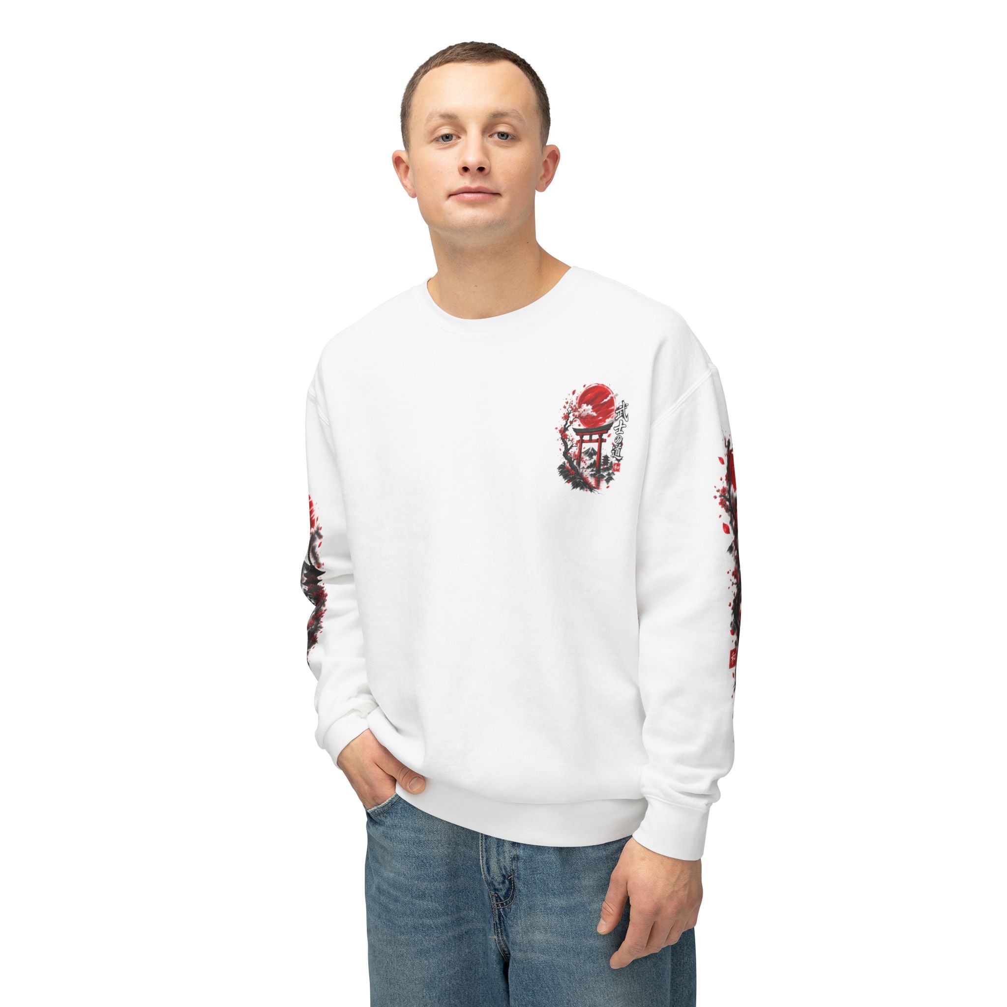 Japanese Samurai Landscape Sweatshirt — Red Sun, Crane & Kanji Crewneck