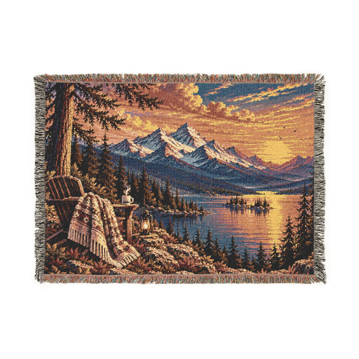 Mountain Lake Woven Blanket — Sunset Scenic Throw for Cabin, Camping & Cozy Home Decor
