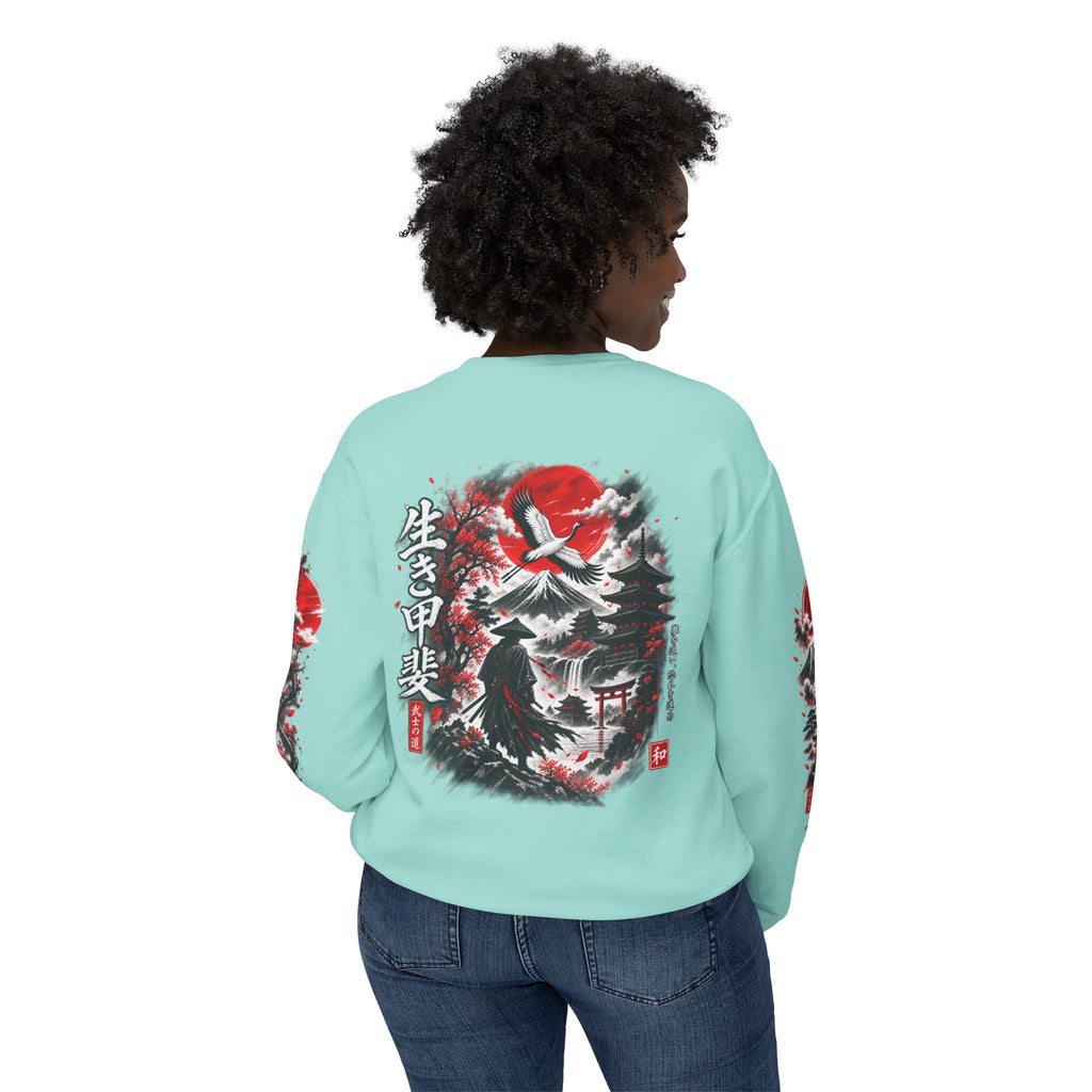 Japanese Samurai Landscape Sweatshirt — Red Sun, Crane & Kanji Crewneck