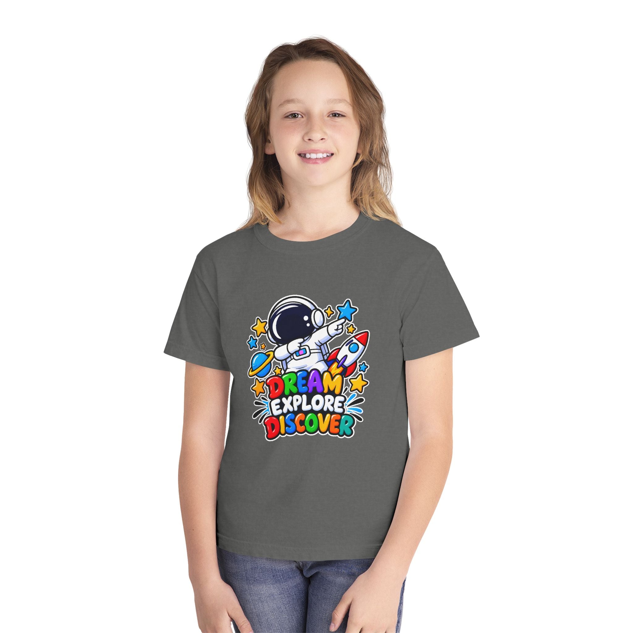Youth Space Adventure Tee – “Dream Explore Discover / Small Steps Big Future”