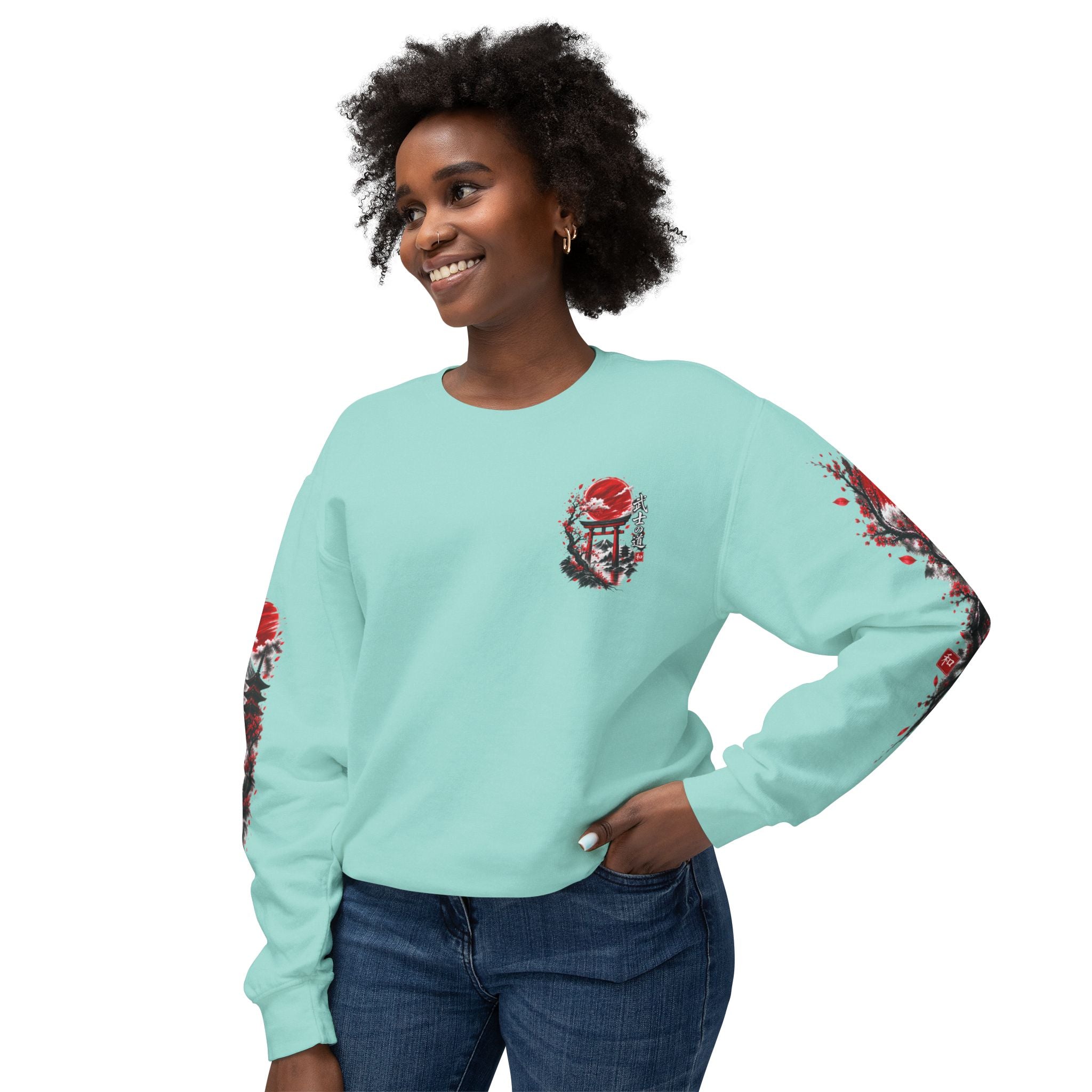 Japanese Samurai Landscape Sweatshirt — Red Sun, Crane & Kanji Crewneck