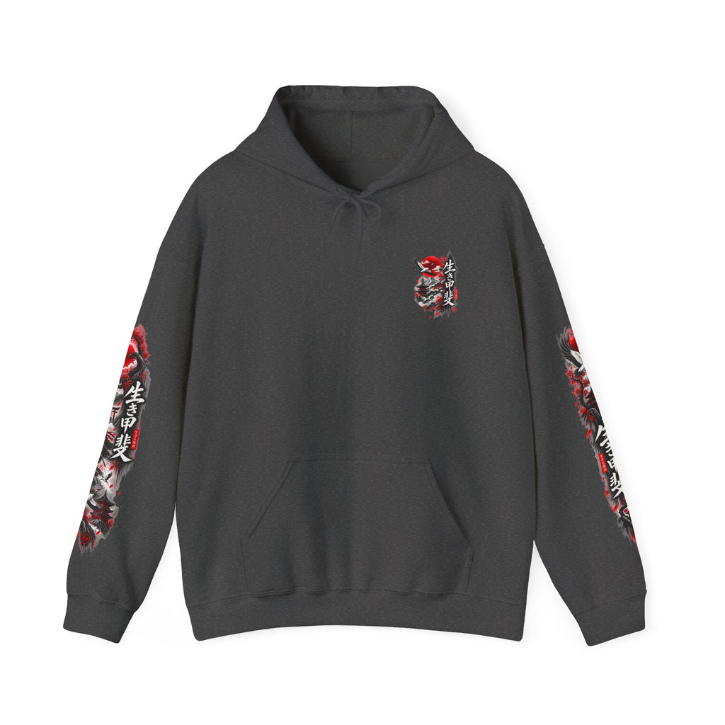 Japanese Oni Mask Hoodie – Red & Black Temple Graphic with Kanji Sleeve Art