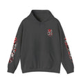 Japanese Oni Mask Hoodie – Red & Black Temple Graphic with Kanji Sleeve Art