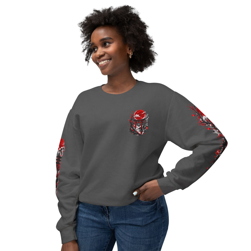Japanese Samurai Landscape Sweatshirt — Red Sun, Crane & Kanji Crewneck