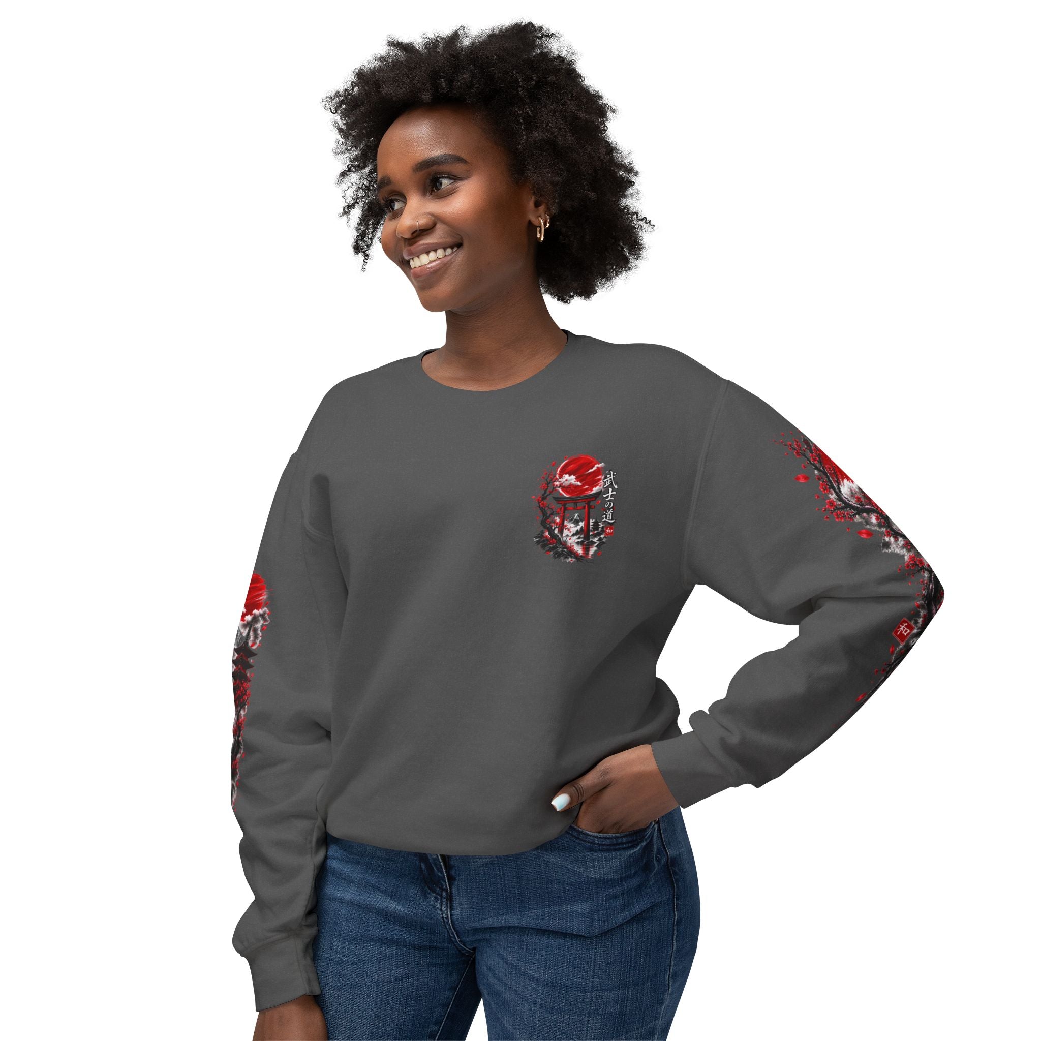 Japanese Samurai Landscape Sweatshirt — Red Sun, Crane & Kanji Crewneck