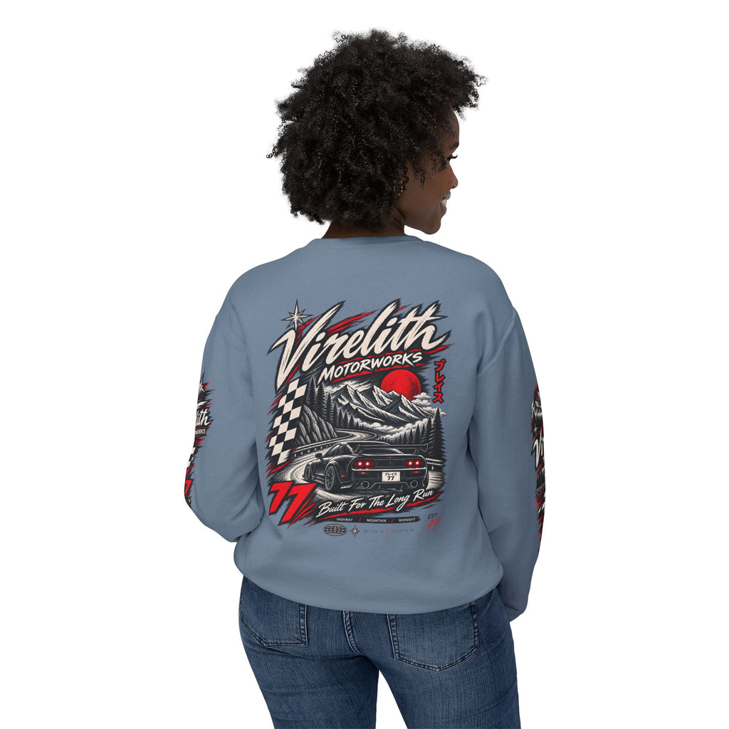 Motorworks Racing Crewneck Sweatshirt | Vintage Sleeve Graphic