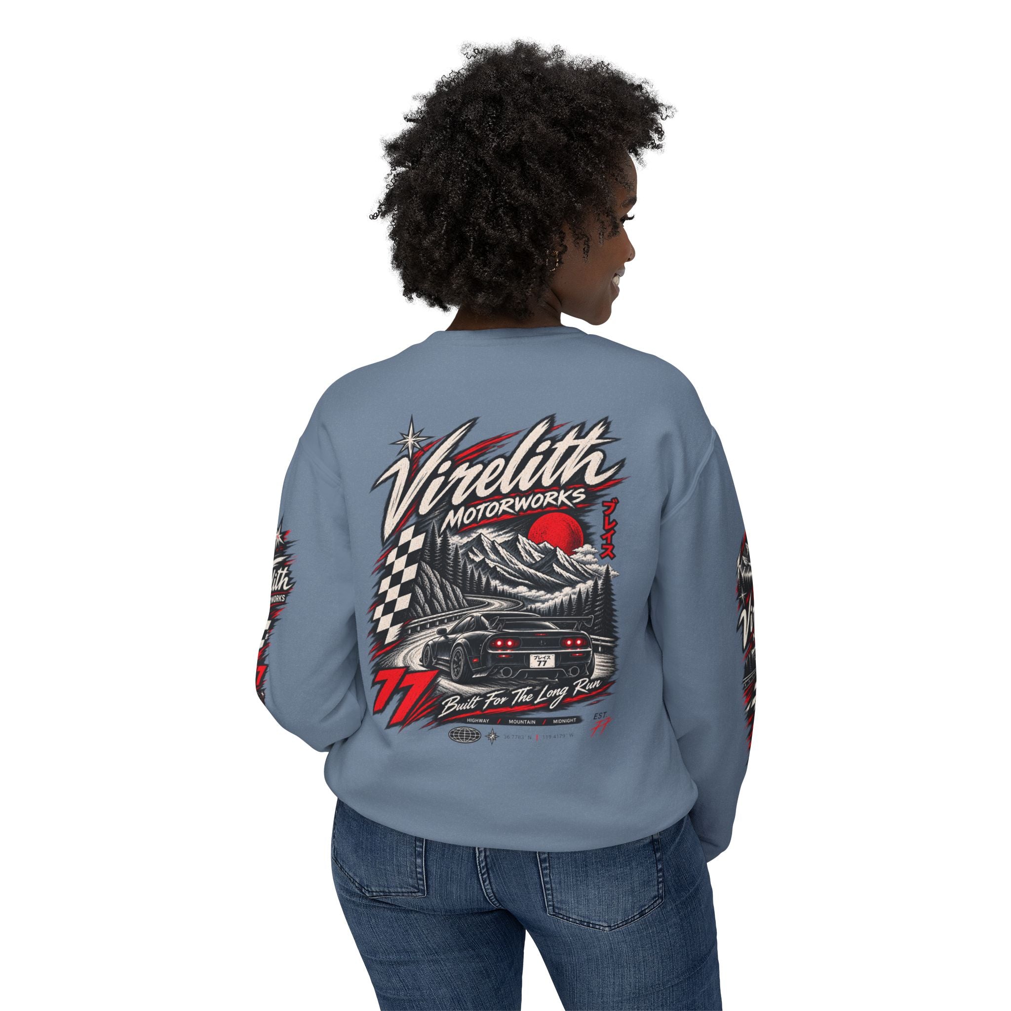 Motorworks Racing Crewneck Sweatshirt | Vintage Sleeve Graphic