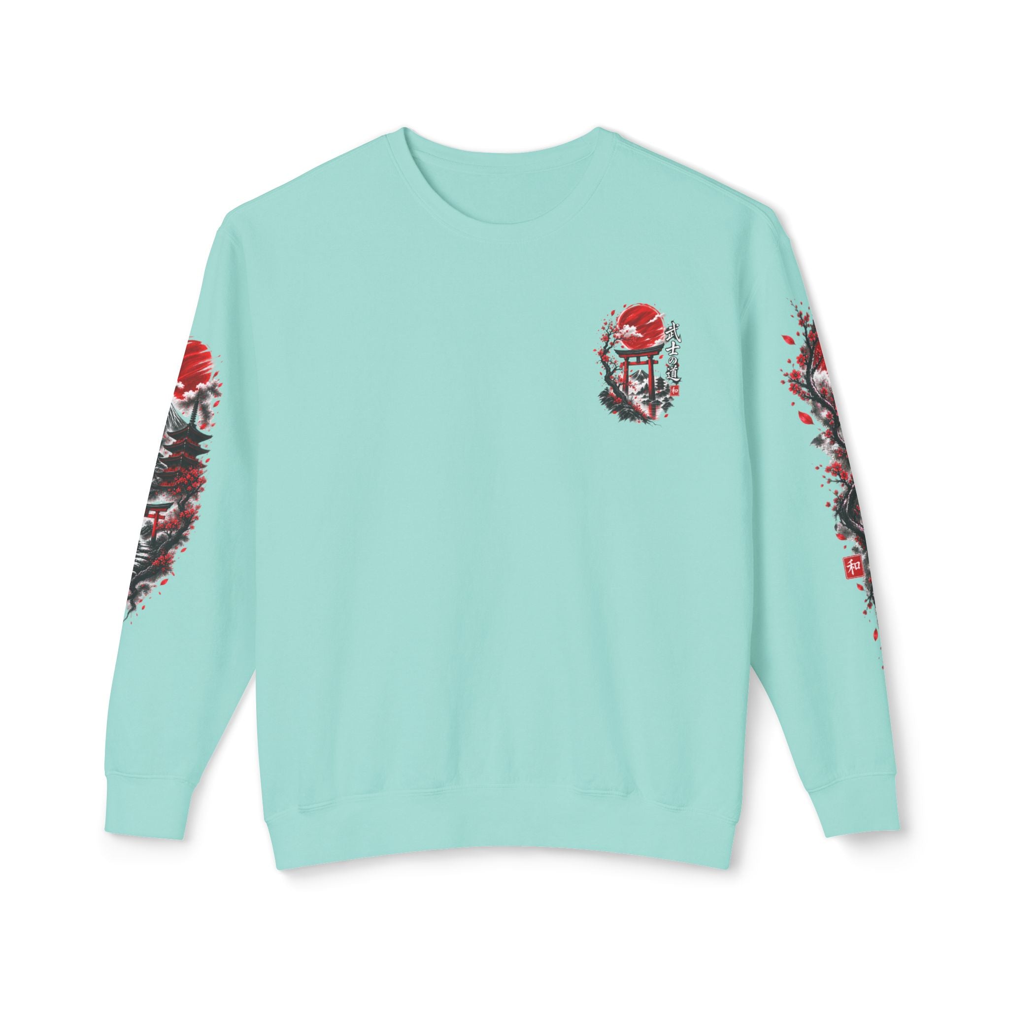 Japanese Samurai Landscape Sweatshirt — Red Sun, Crane & Kanji Crewneck