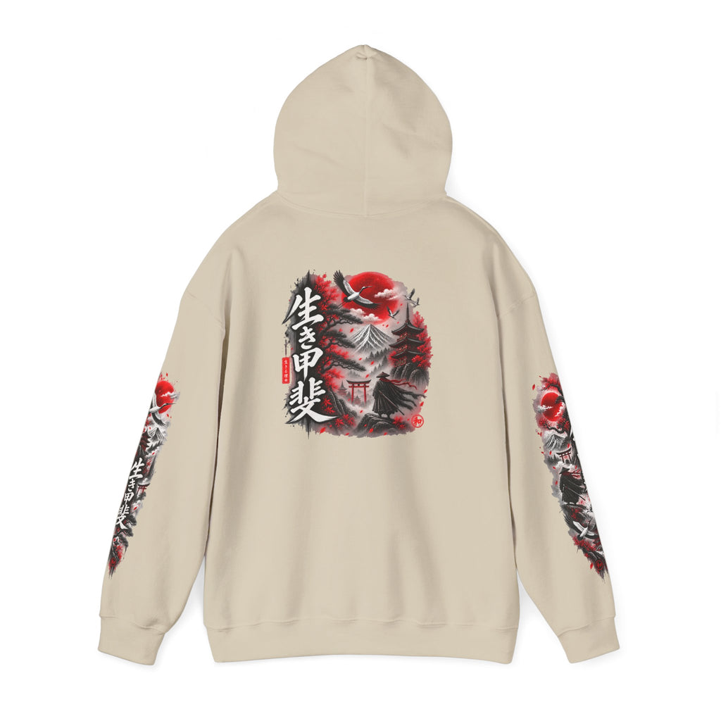Japanese Oni Mask Hoodie – Red & Black Temple Graphic with Kanji Sleeve Art
