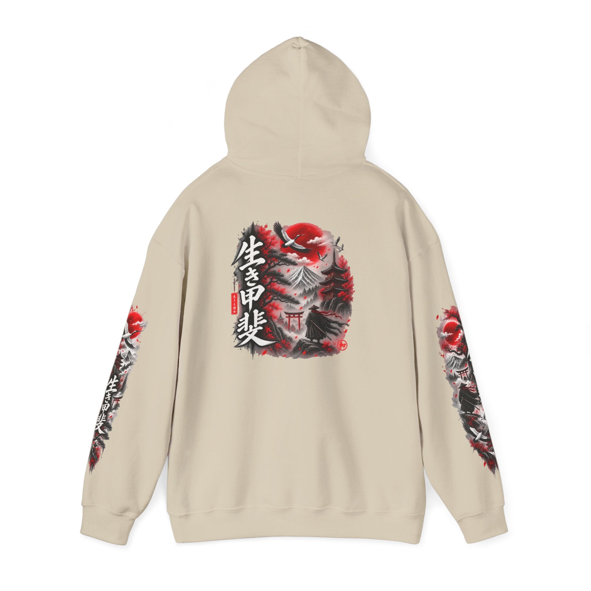 Japanese Oni Mask Hoodie – Red & Black Temple Graphic with Kanji Sleeve Art