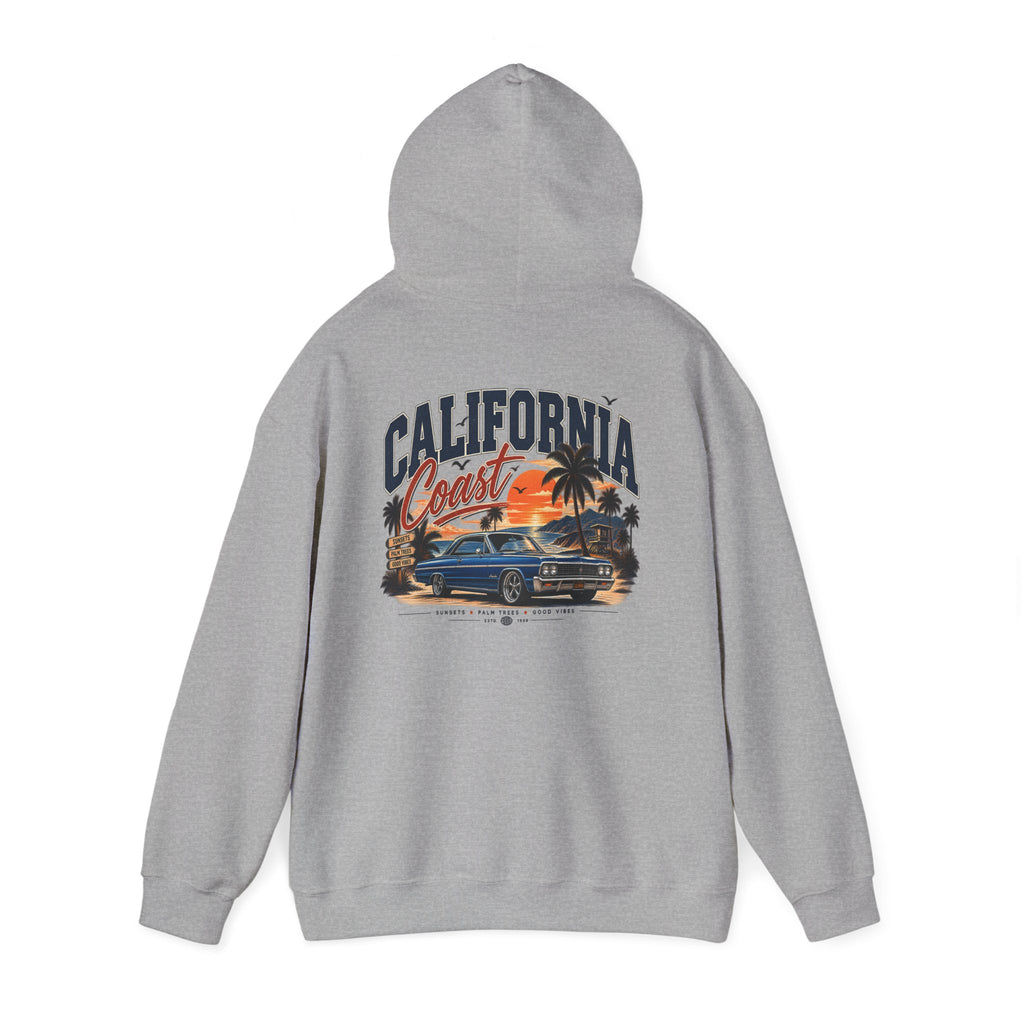 California Coast Hoodie — Vintage Car Sunset Palm Beach Graphic