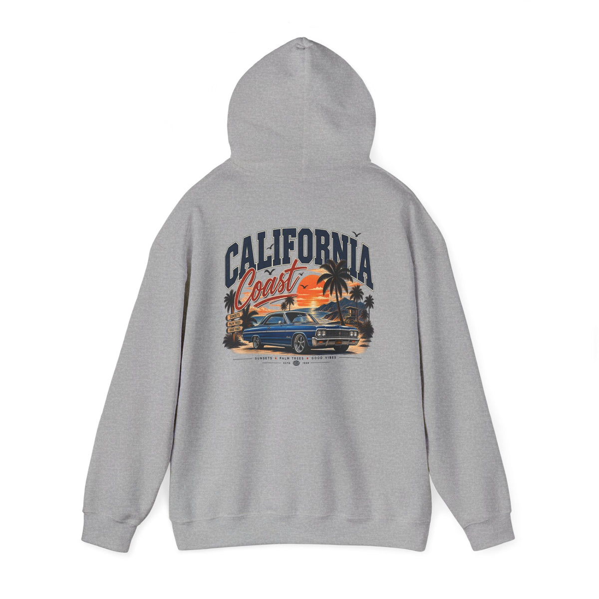 California Coast Hoodie — Vintage Car Sunset Palm Beach Graphic