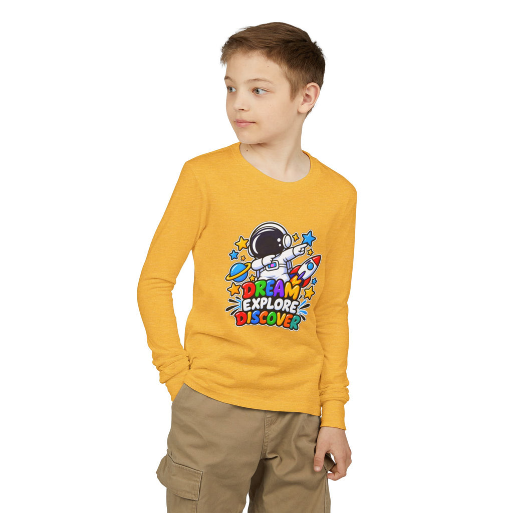 Youth Long Sleeve Tee — 'Dream Explore Discover' Colorful Space Kids Shirt