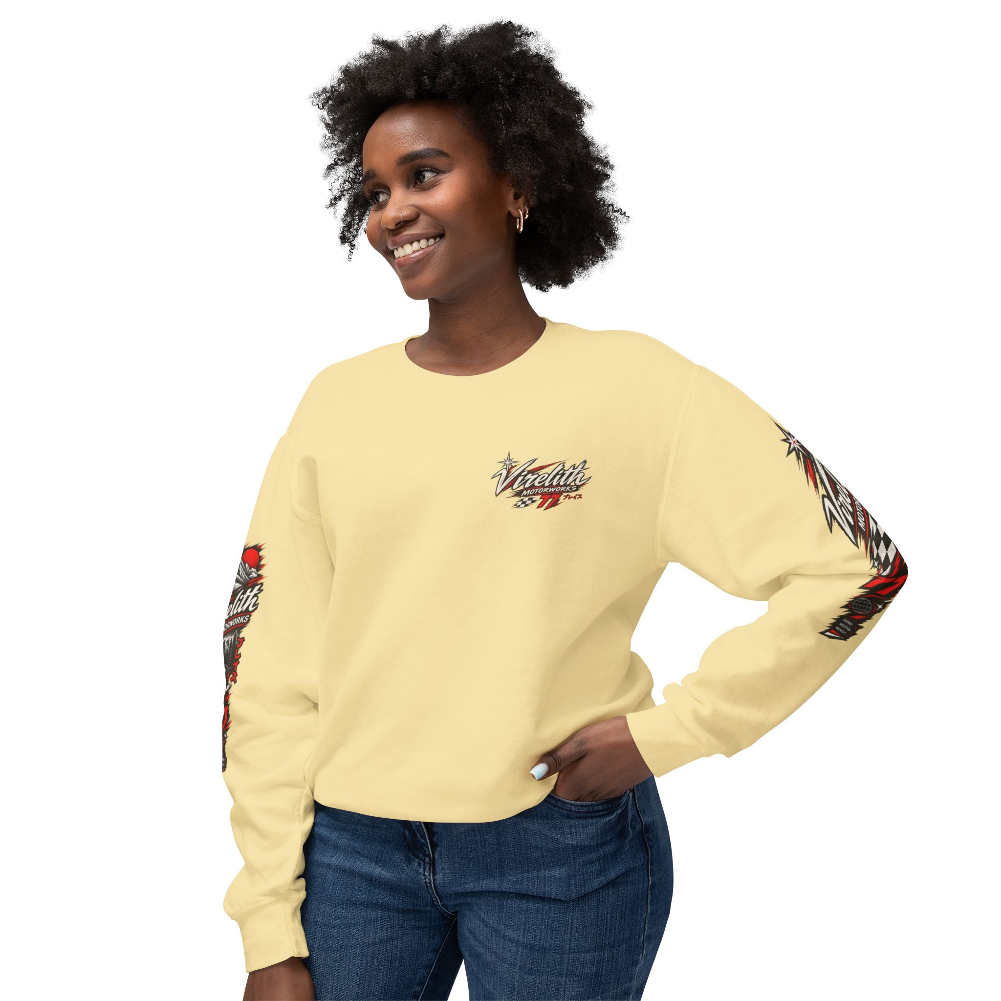 Motorworks Racing Crewneck Sweatshirt | Vintage Sleeve Graphic