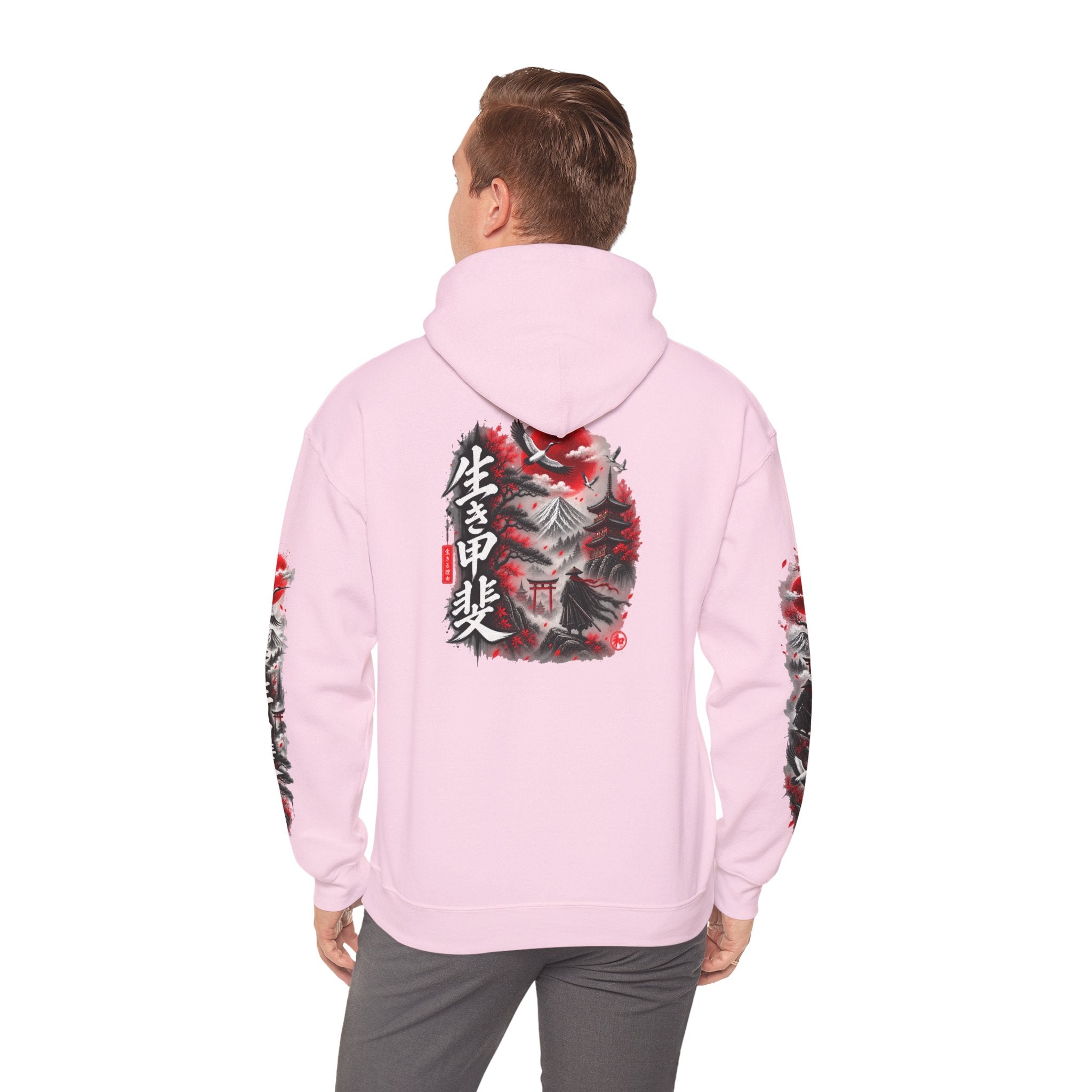 Japanese Oni Mask Hoodie – Red & Black Temple Graphic with Kanji Sleeve Art