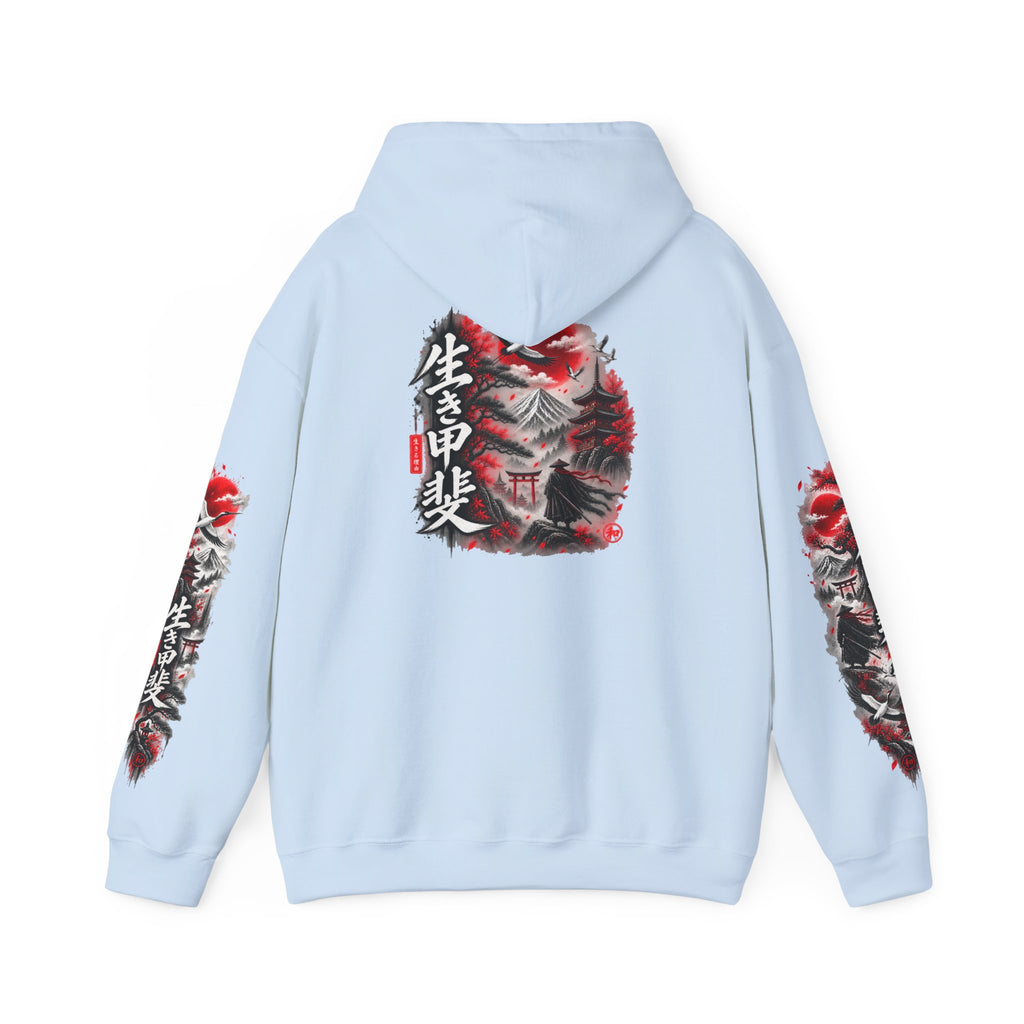 Japanese Oni Mask Hoodie – Red & Black Temple Graphic with Kanji Sleeve Art