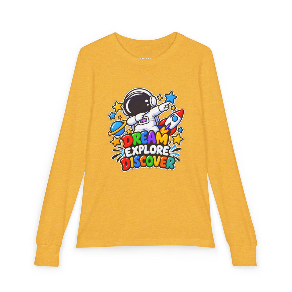 Youth Long Sleeve Tee — 'Dream Explore Discover' Colorful Space Kids Shirt