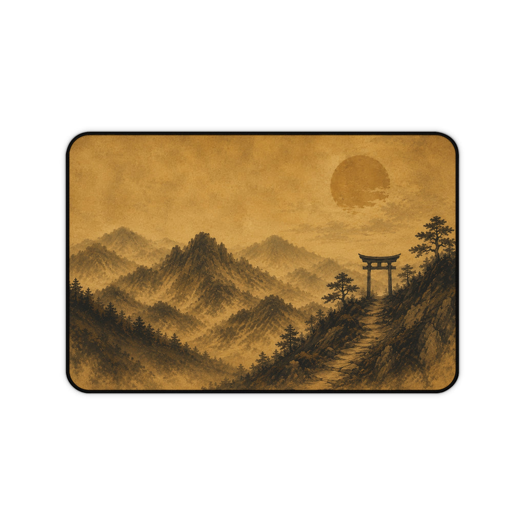 Japanese Torii Mountain Desk Mat — Vintage Sepia Landscape Gaming Mousepad