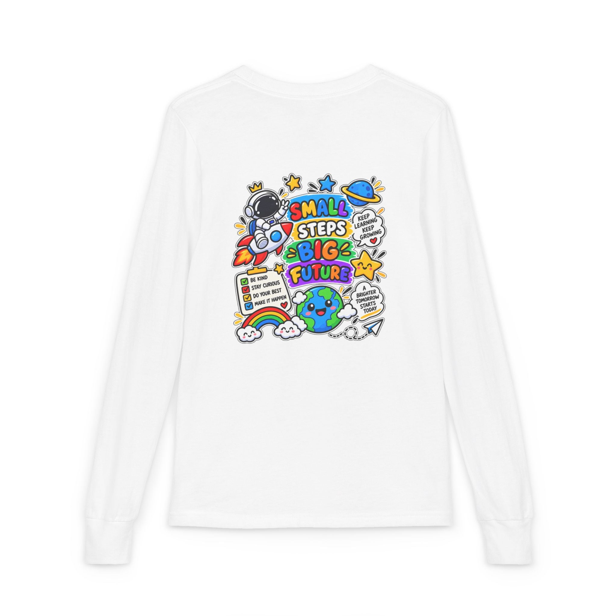 Youth Long Sleeve Tee — 'Dream Explore Discover' Colorful Space Kids Shirt