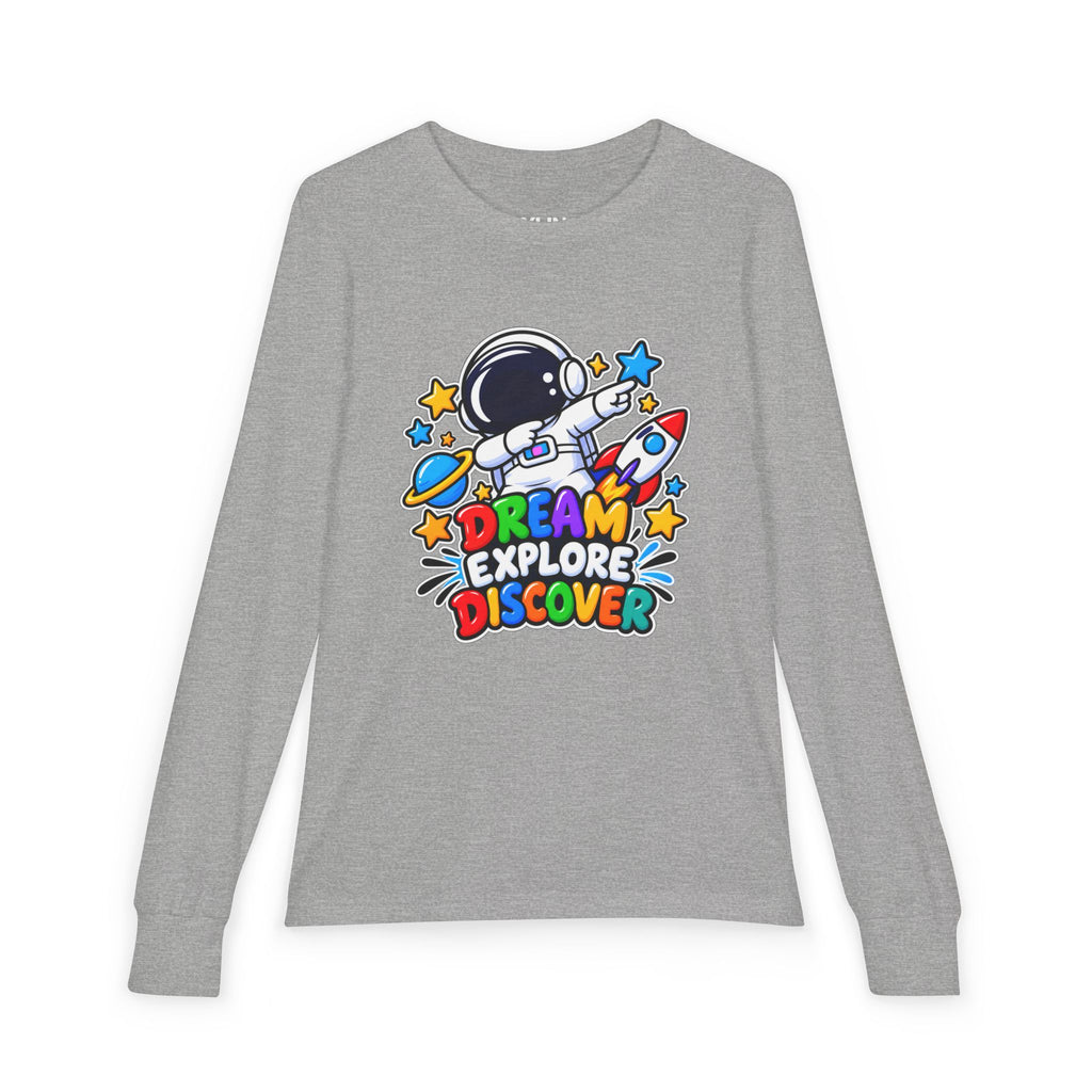 Youth Long Sleeve Tee — 'Dream Explore Discover' Colorful Space Kids Shirt