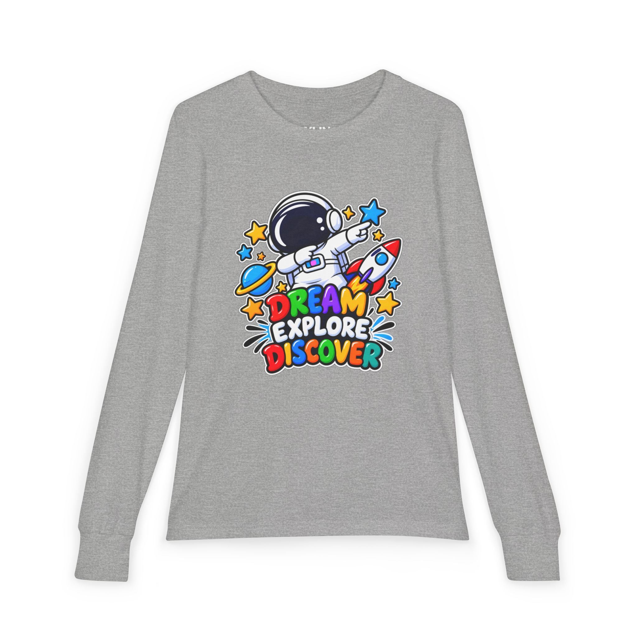 Youth Long Sleeve Tee — 'Dream Explore Discover' Colorful Space Kids Shirt