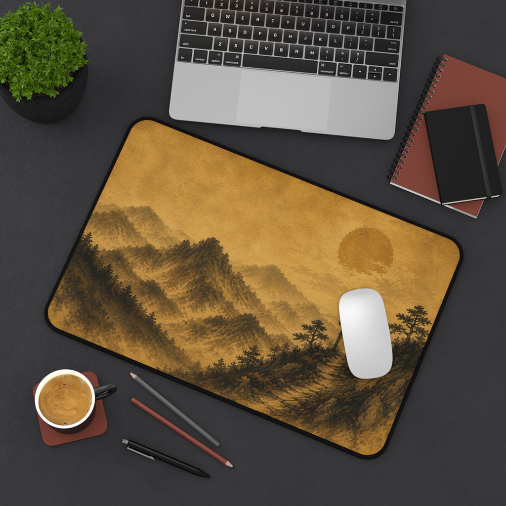 Japanese Torii Mountain Desk Mat — Vintage Sepia Landscape Gaming Mousepad