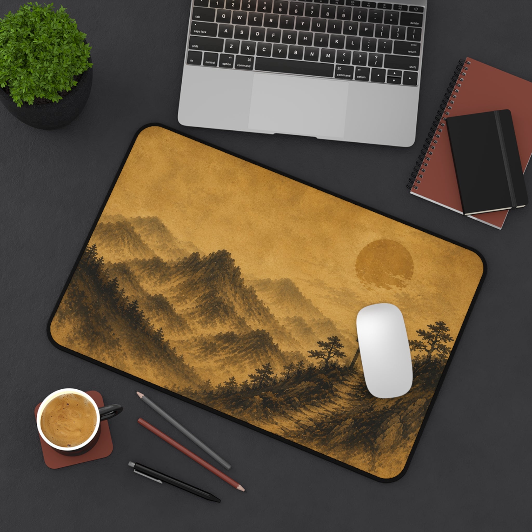 Japanese Torii Mountain Desk Mat — Vintage Sepia Landscape Gaming Mousepad