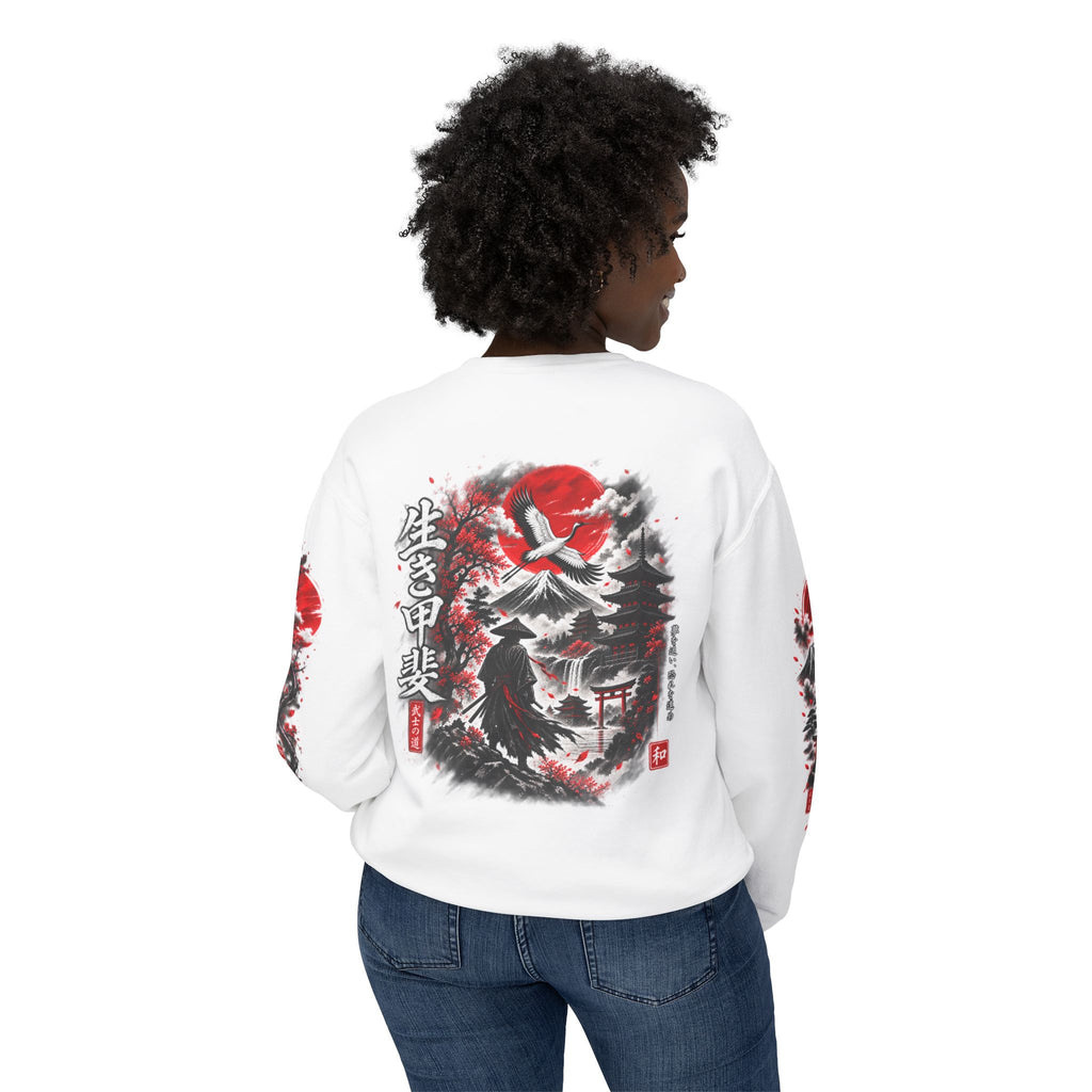 Japanese Samurai Landscape Sweatshirt — Red Sun, Crane & Kanji Crewneck
