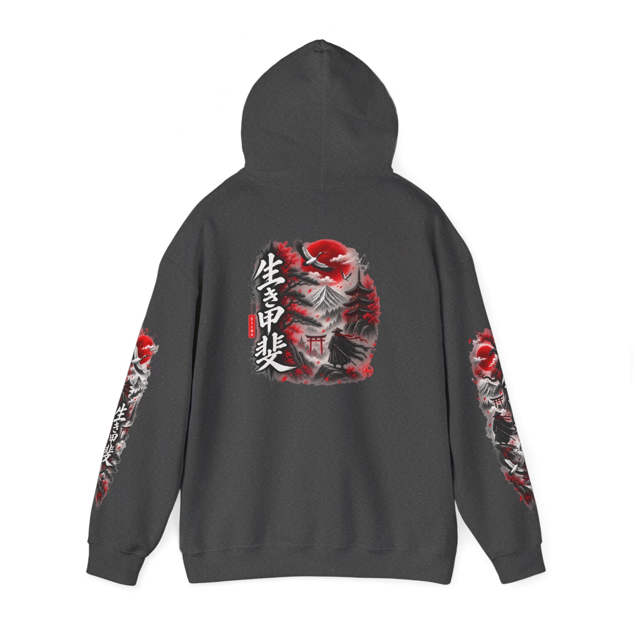 Japanese Oni Mask Hoodie – Red & Black Temple Graphic with Kanji Sleeve Art