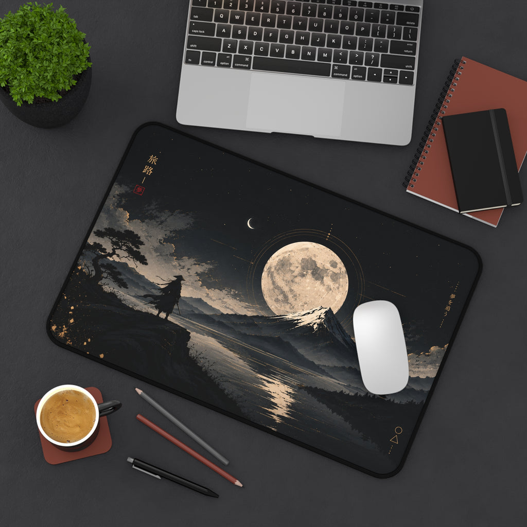 Moonlit Mountain Desk Mat — Samurai Nightscape Mouse Pad
