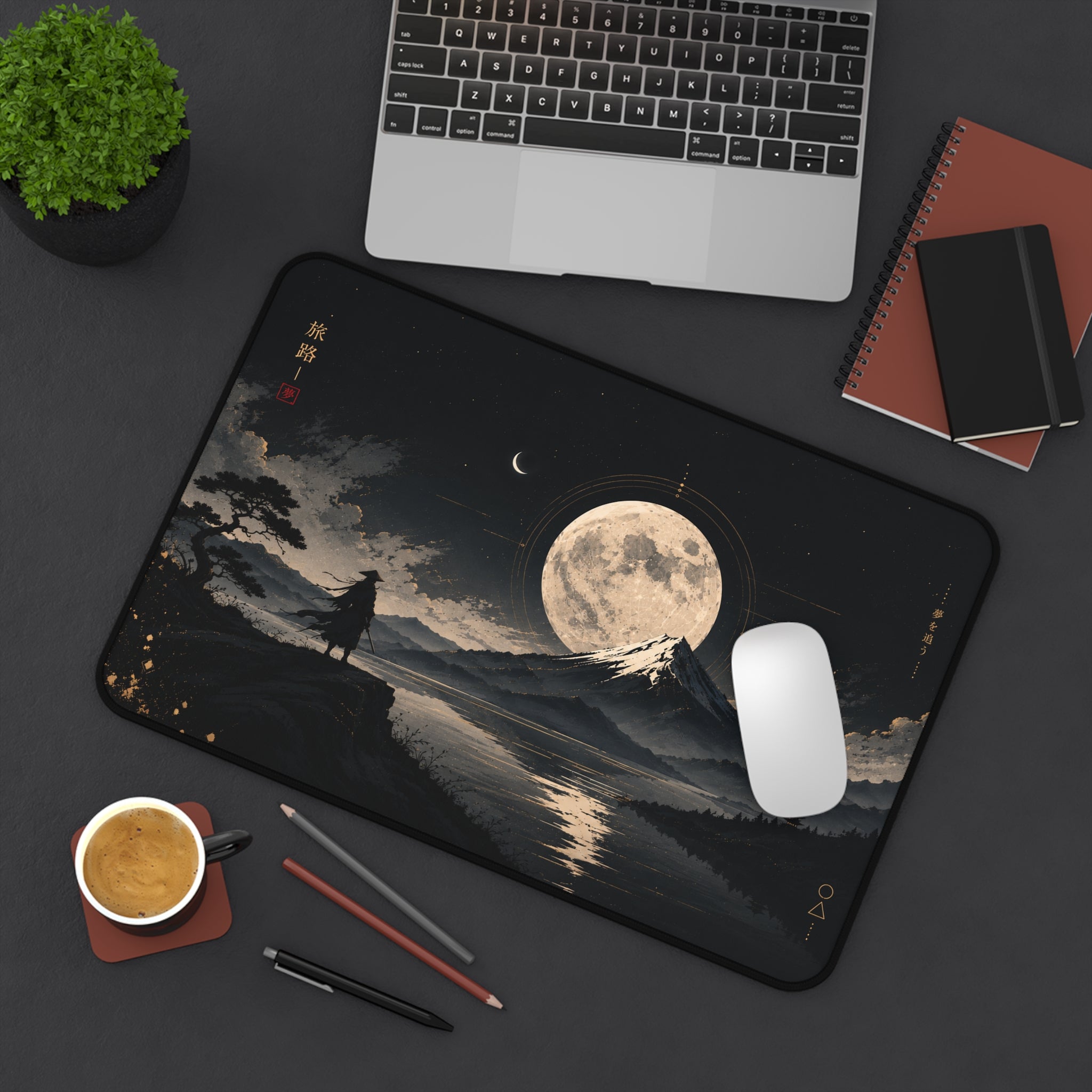 Moonlit Mountain Desk Mat — Samurai Nightscape Mouse Pad