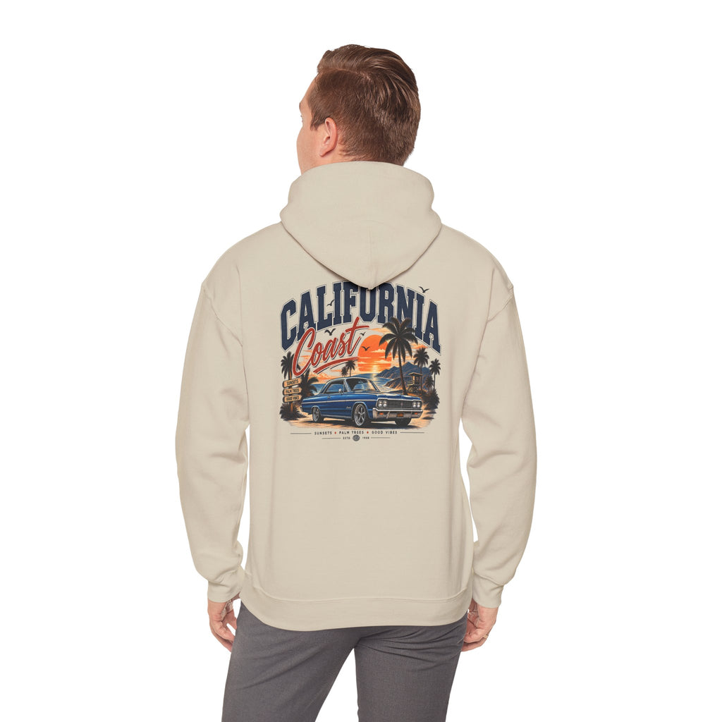 California Coast Hoodie — Vintage Car Sunset Palm Beach Graphic