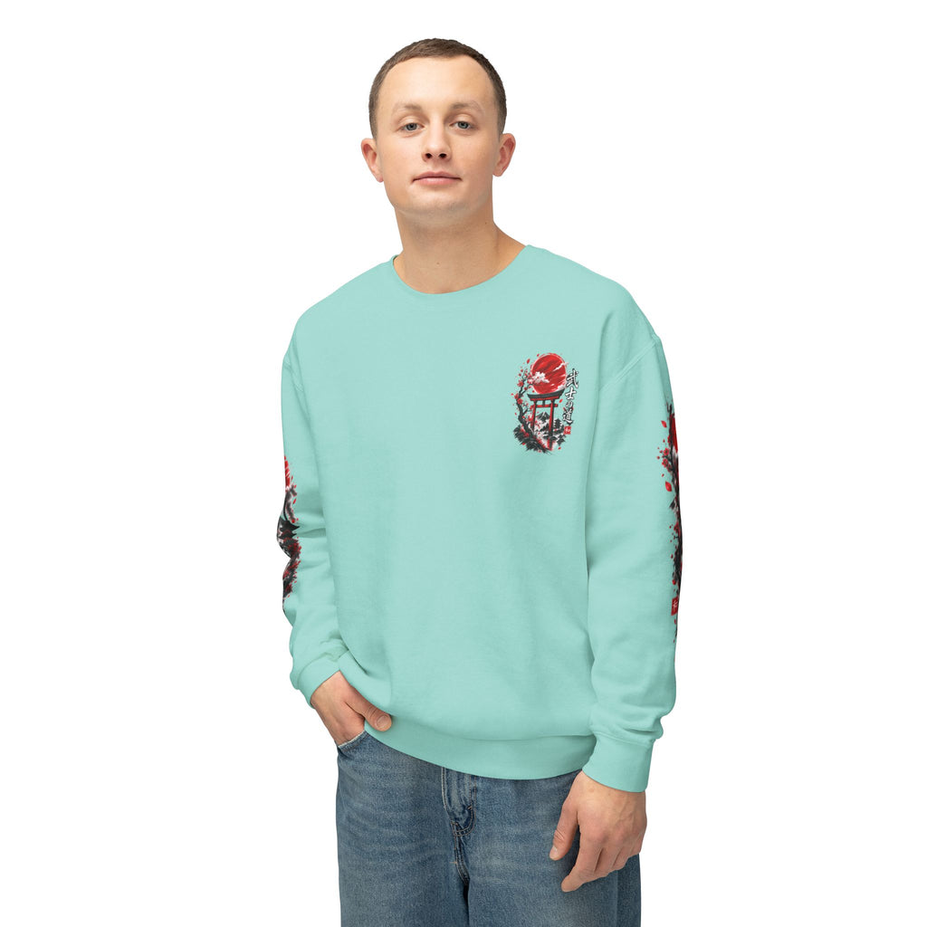 Japanese Samurai Landscape Sweatshirt — Red Sun, Crane & Kanji Crewneck