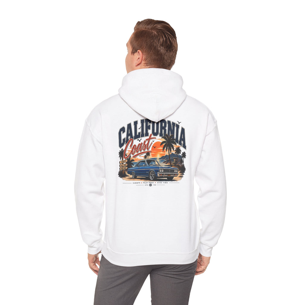 California Coast Hoodie — Vintage Car Sunset Palm Beach Graphic